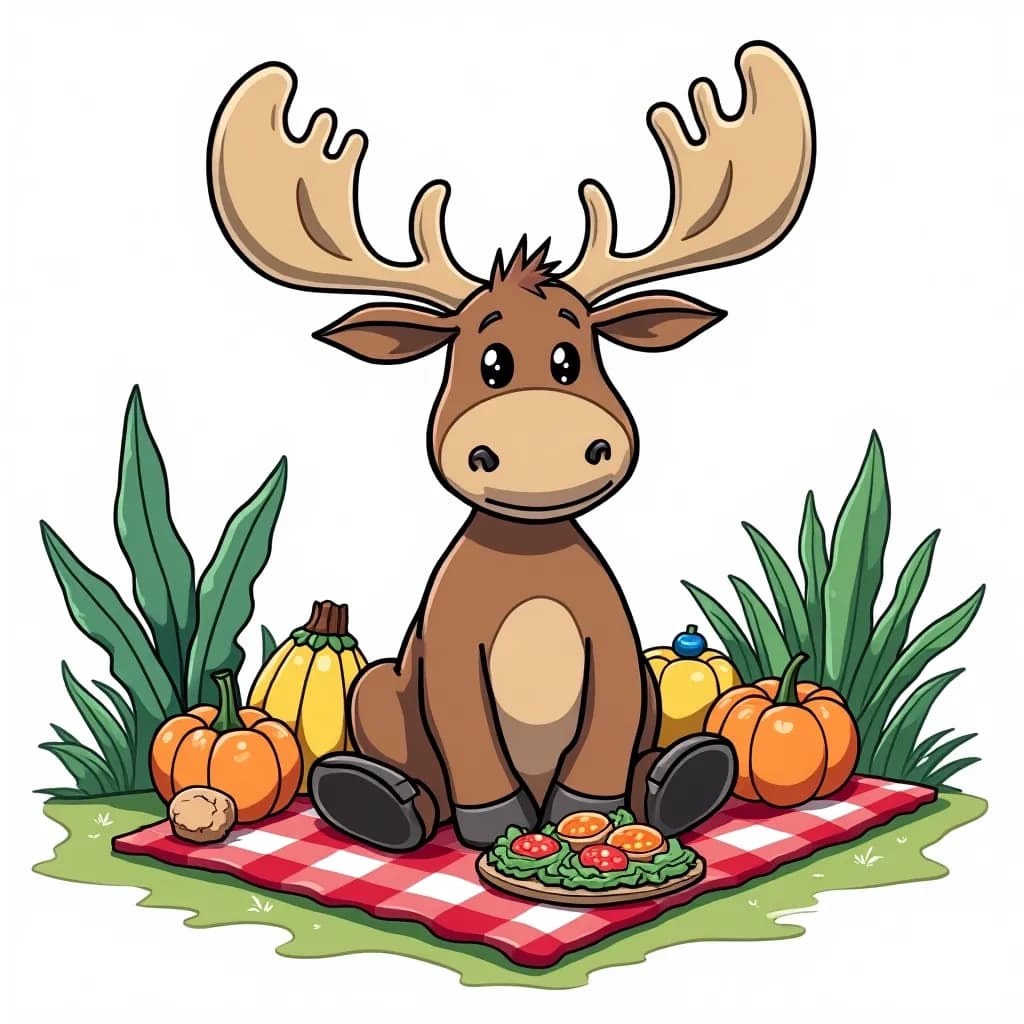 Coloring Page (colored): Moose Picnic - A cute moose sitting on a picnic blanket made of bark, surrounded by bright orange and purple mushrooms serving as picnic dishes, under a sunny sky with fluffy clouds.