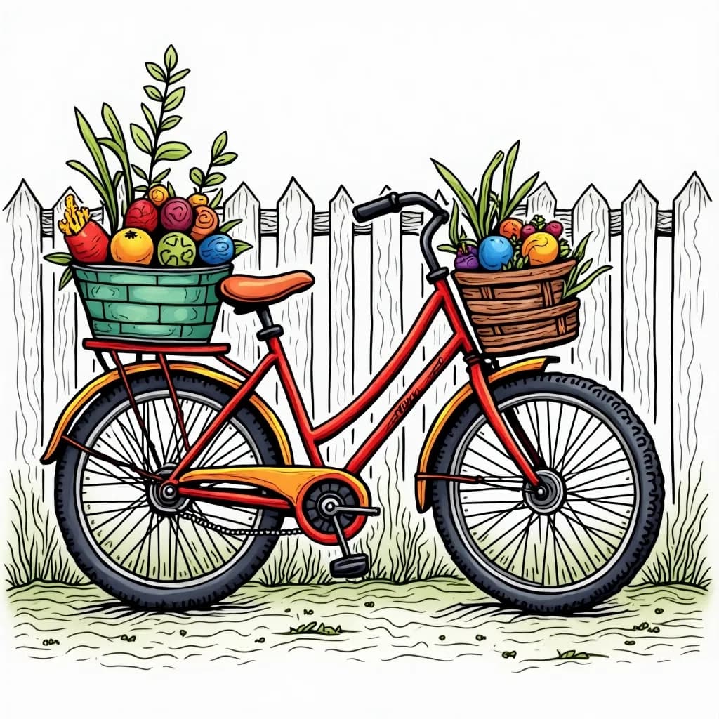 Coloring Page (colored): Bicycle Bonanza - A bike leaning against a fence, decorated with a basket full of pumpkins and sunflowers, surrounded by a flurry of falling leaves.