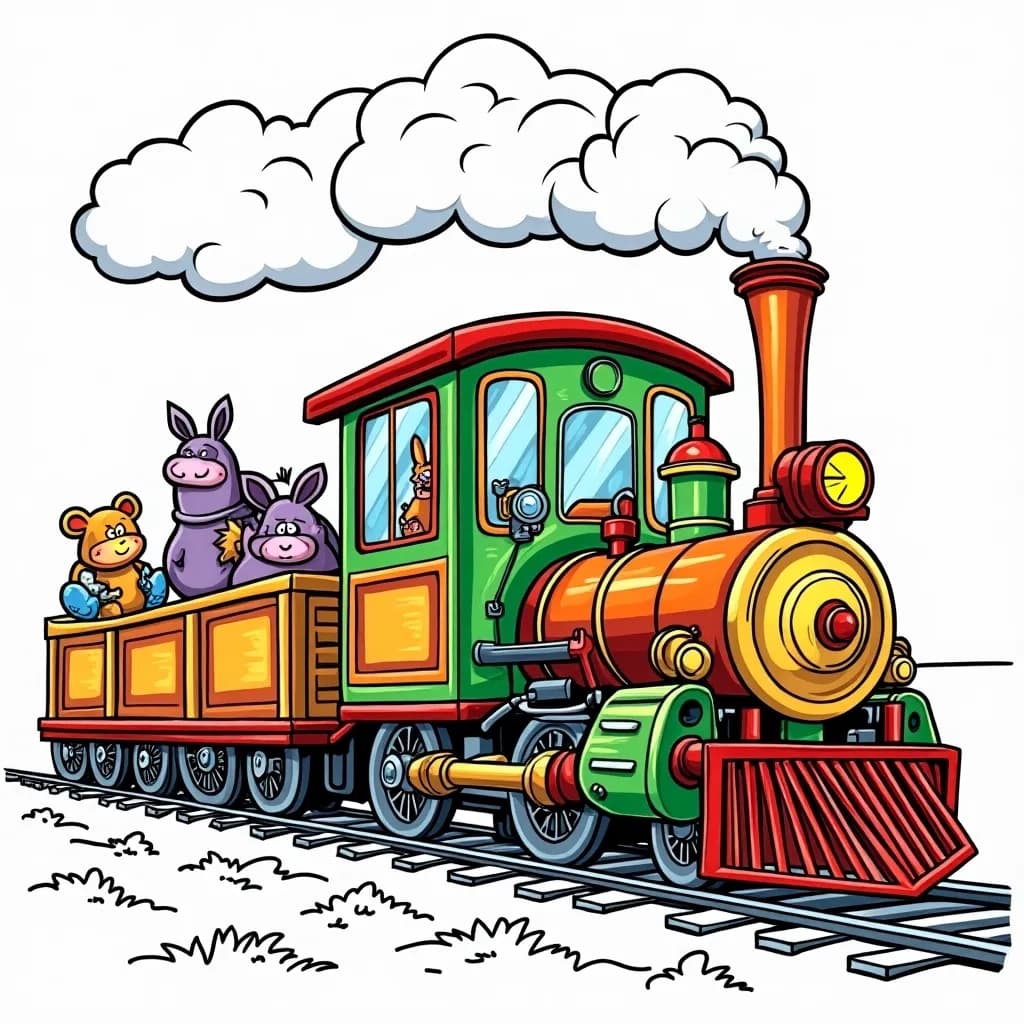 Coloring Page (colored): Trainyard Adventure - A colorful freight train full of various animals, pulling in to a bustling train yard with kids waving from the platform.