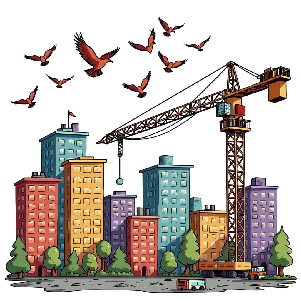 Coloring Page (colored): Cranes in the Sky - A tall crane lifting beams to build a new building while a flock of birds flies overhead.