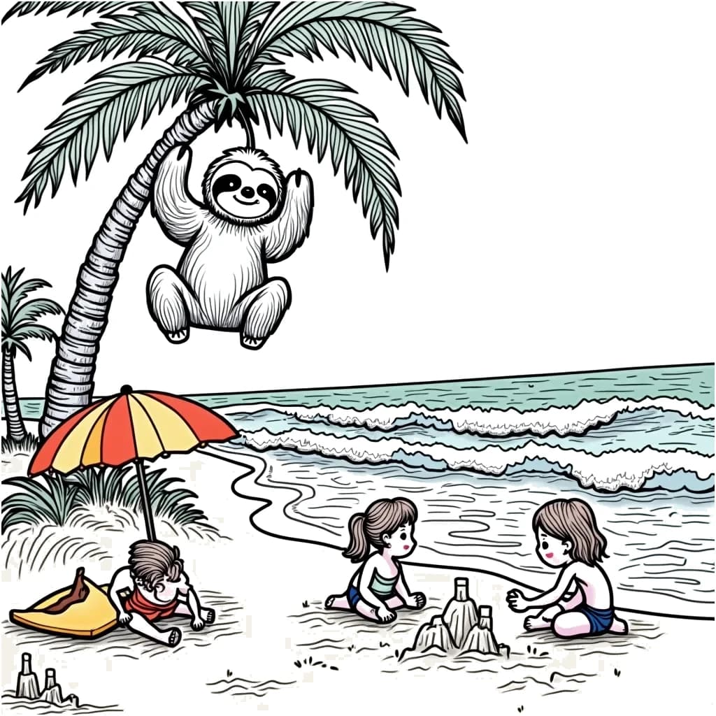 Coloring Page (colored): Sloth's Lazy Day at the Beach - A relaxed sloth hanging from a palm tree over the sandy beach. There are children building sandcastles nearby, and the waves are gently crashing against the shore. A few colorful beach umbrellas are set up to provide shade.