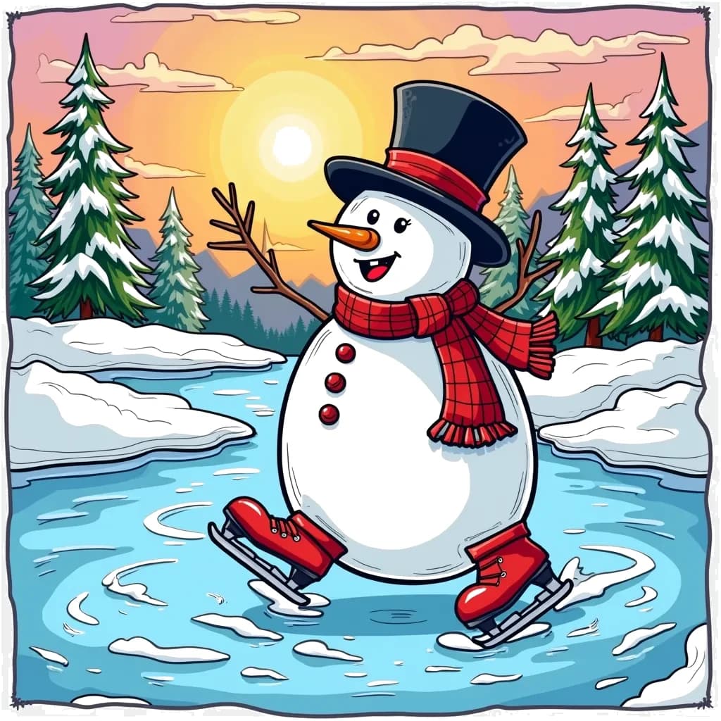 Coloring Page (colored): Snowman on Ice Skates - A cheerful snowman wearing a bright red scarf and a black top hat is ice skating on a frozen lake. The ice is a shimmering blue, reflecting the clear sky above. Surrounding the lake are snow-covered pine trees dusted with sparkling white snow. The sun is setting, painting the sky with warm shades of orange and pink, creating a beautiful contrast against the cool blues of the ice and the white of the snow.