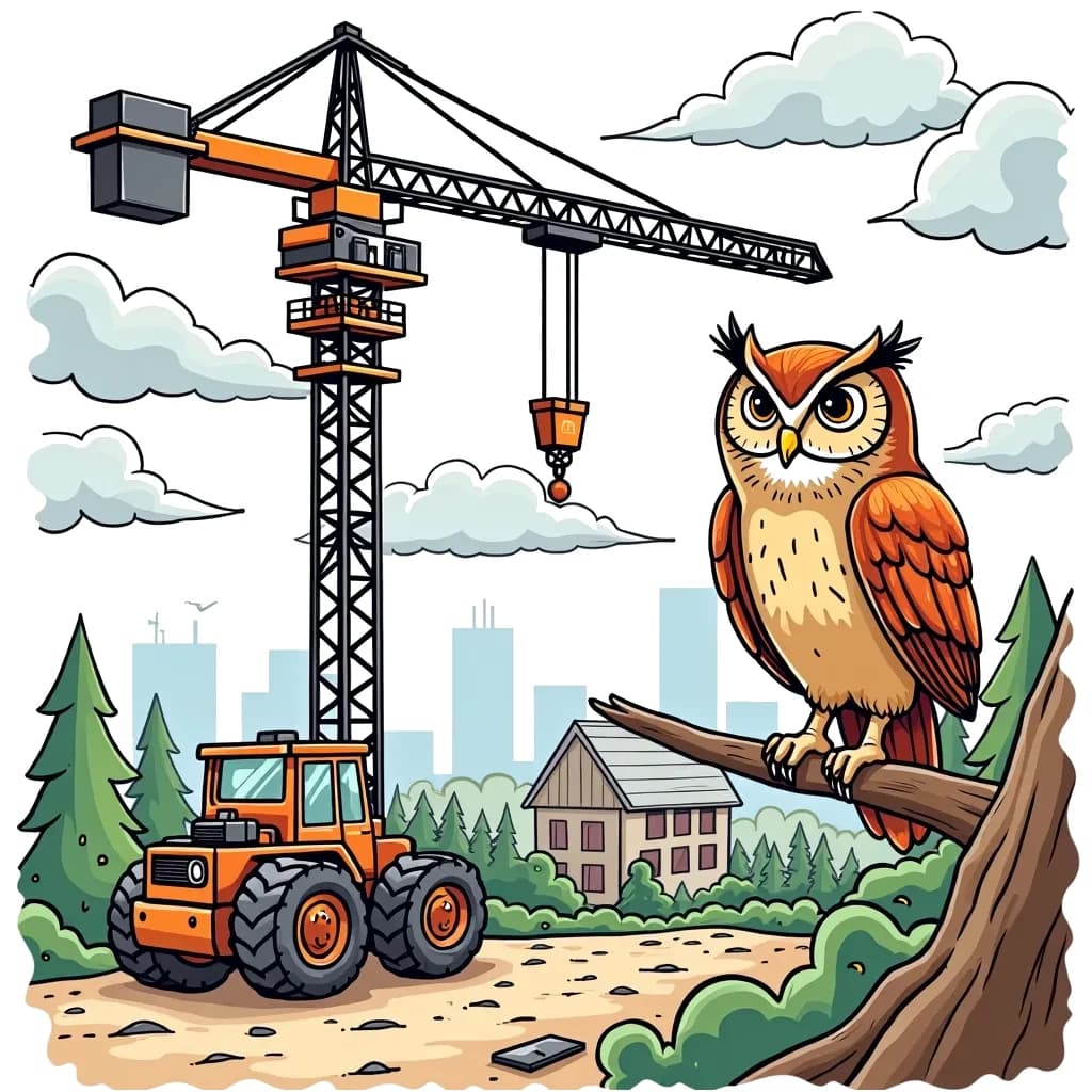 Coloring Page (colored): Crane's High Reach - A tall crane is lifting a big steel beam high into the air at a construction site. Below, a wise old owl is perched on a nearby tree, observing the busy work happening below.