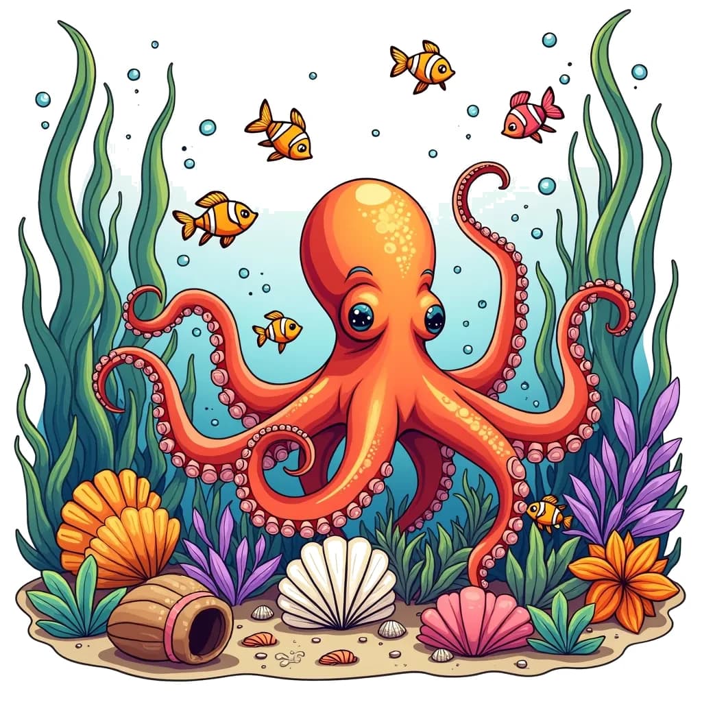 Coloring Page (colored): Octopus Garden - An octopus is playfully rearranging seashells in its underwater garden, surrounded by tiny fish that watch in awe.