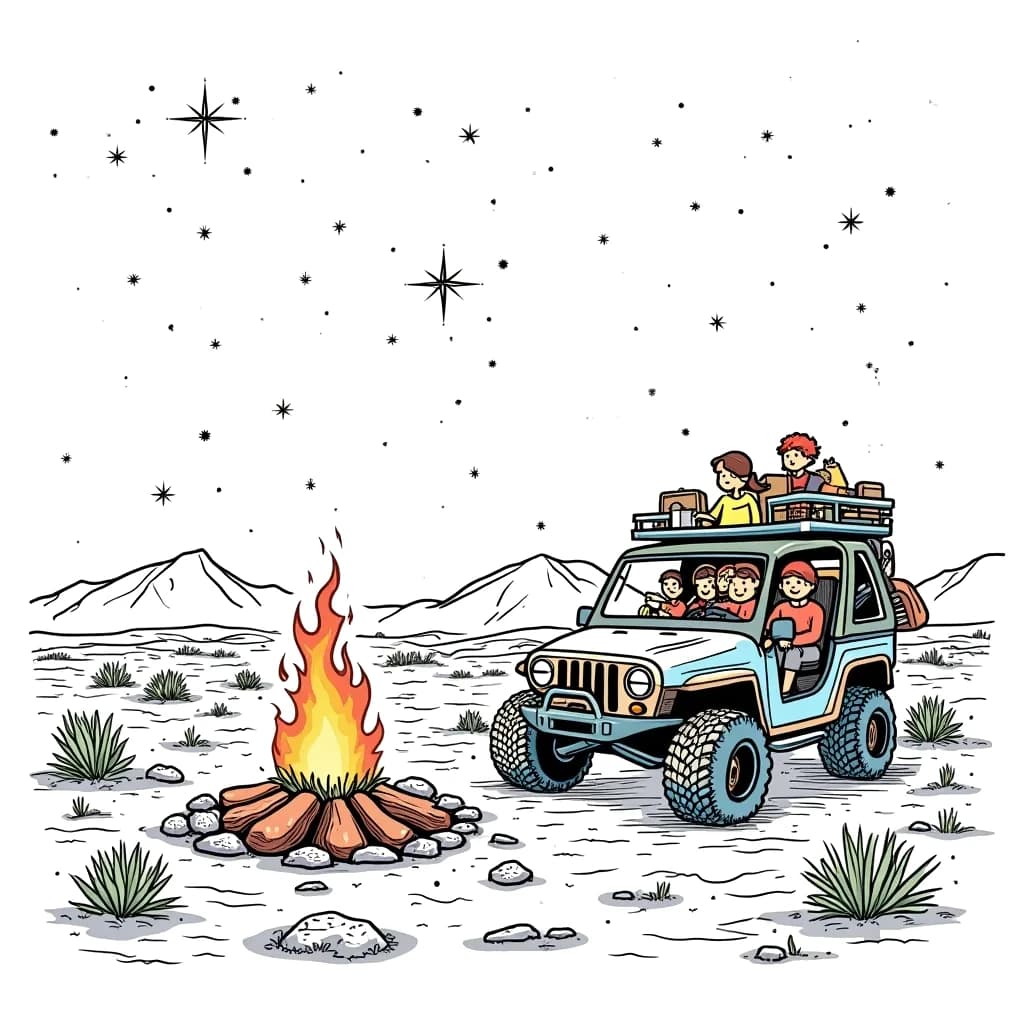 Coloring Page (colored): Desert Buggy Camp - A desert buggy parked beside a campfire under a starlit sky. The buggy is equipped with camping gear, and a family is roasting marshmallows. The desert landscape is dotted with small hills and a few silhouettes of distant mountains.