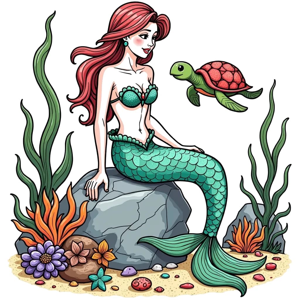 Coloring Page (colored): Mermaid's Treasure - A beautiful mermaid sits on a rock, admiring her collection of shiny treasures from the ocean floor, as a friendly sea turtle swims by, sharing in her delight.