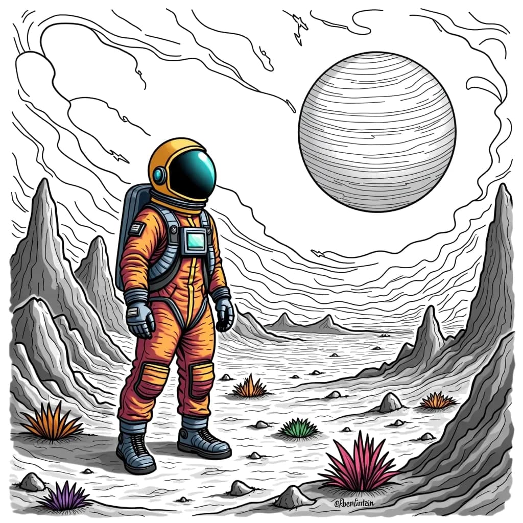 Coloring Page (colored): Planetary Exploration - An astronaut stands on the surface of a mysterious planet, looking up at a giant gas giant in the sky. Around the astronaut, there are strange rock formations and swirling winds.