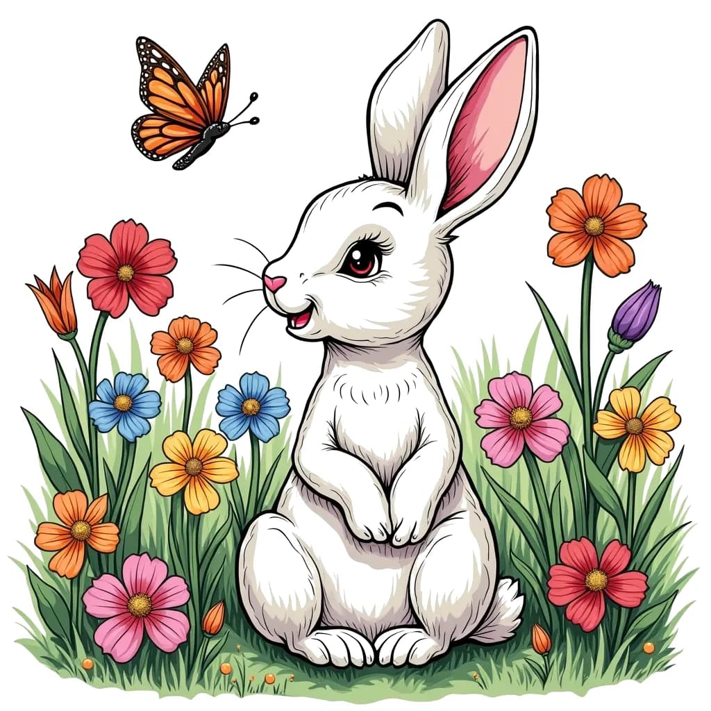 Coloring Page (colored): Bunny in a Garden - A bunny is sitting in a colorful garden filled with flowers, looking curiously at a butterfly fluttering nearby.