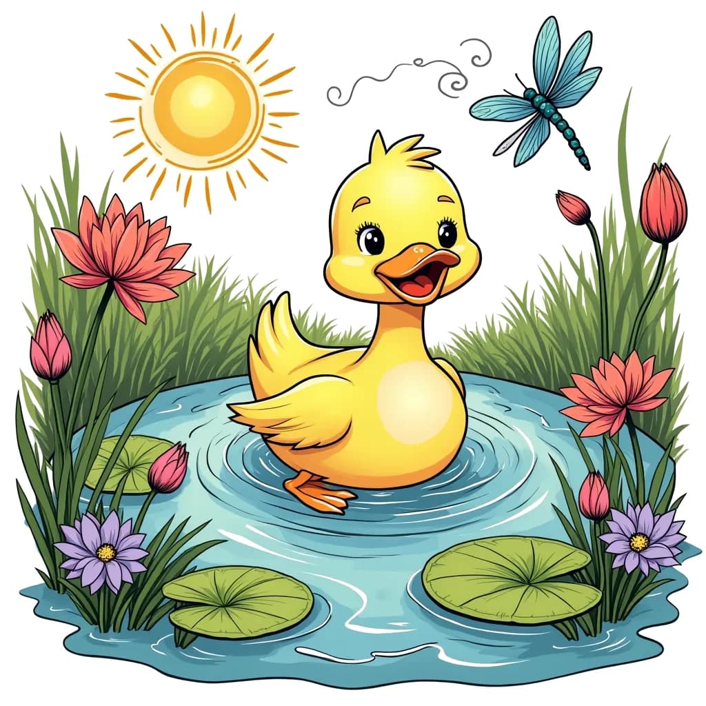 Coloring Page (colored): Duck in a Pond - A happy duck paddles around in a serene pond, surrounded by lily pads and blooming flowers. Dragonflies flit above the water, and the sun casts a warm glow over the peaceful scene.