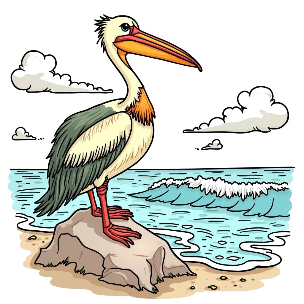 Coloring Page (colored): Pelican by the Seaside - A pelican standing on a rock by the seaside, looking out at the waves crashing against the shore.