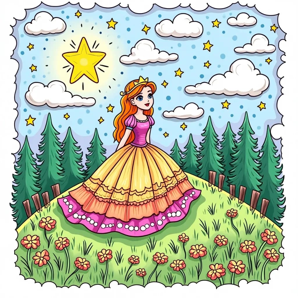 Coloring Page (colored): Princess and the Starry Night - A dreamy princess sitting atop a hill under a night sky filled with twinkling stars and glowing moons, with a gentle breeze flowing through her long, flowing gown.