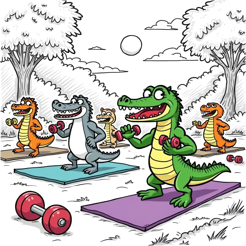 Coloring Page (colored): Fitness Trainer at the Park - Depict a lively fitness trainer crocodile leading a group of animals in an outdoor workout session in the park, with exercise mats, dumbbells, and a sunny sky.