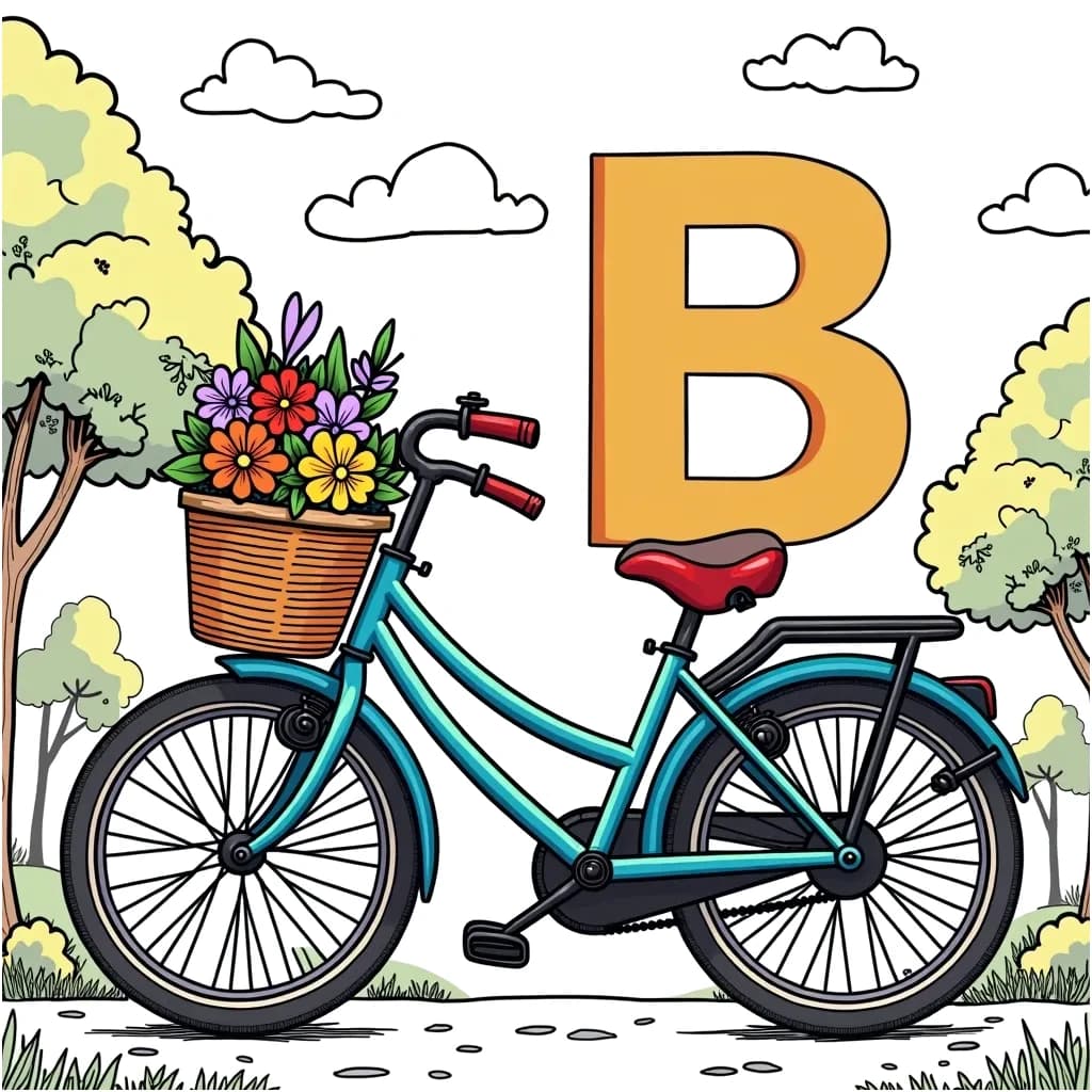 Coloring Page (colored): Letter B and a Bicycle - A large, bold letter 'B' stands next to a shiny blue bicycle, with a basket filled with flowers. The scene is set in a park with a sunny sky and a few fluffy clouds.