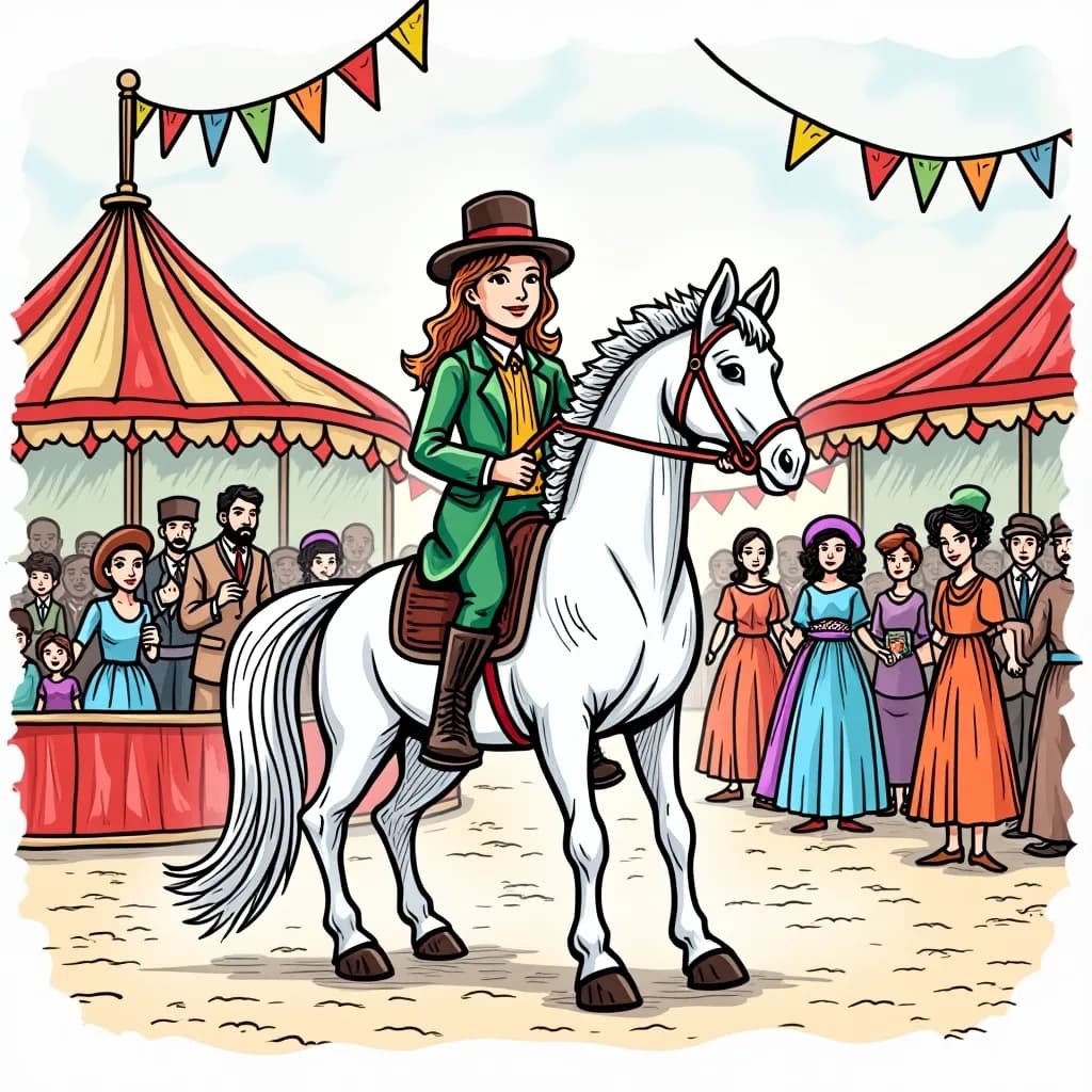 Coloring Page (colored): Circus Horse Performer - A dazzling circus scene with a horse performing tricks, surrounded by colorful balloons, excited children, and a beautiful striped tent.