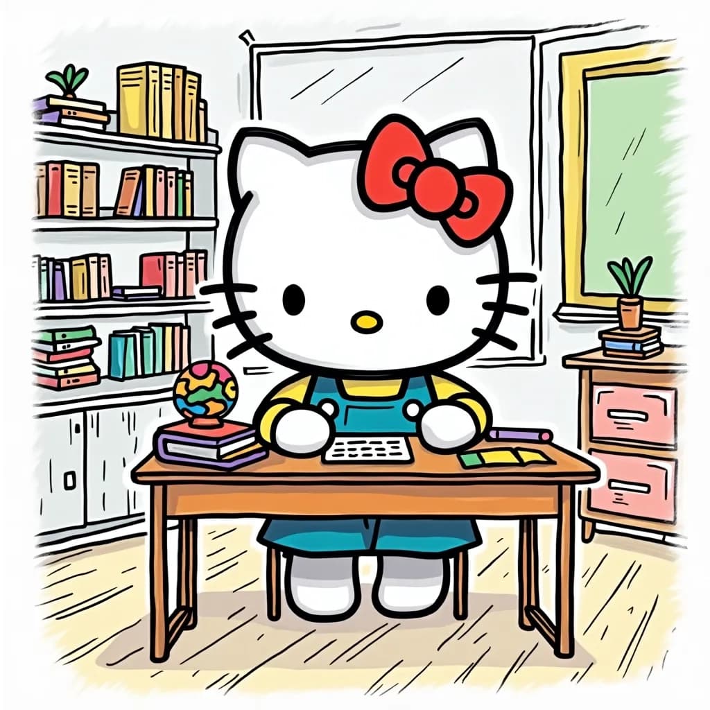 Coloring Page (colored): Hello Kitty in the Classroom - Hello Kitty sitting at a colorful desk, surrounded by books and pencils, with a big bright chalkboard behind her filled with fun drawings and math equations.