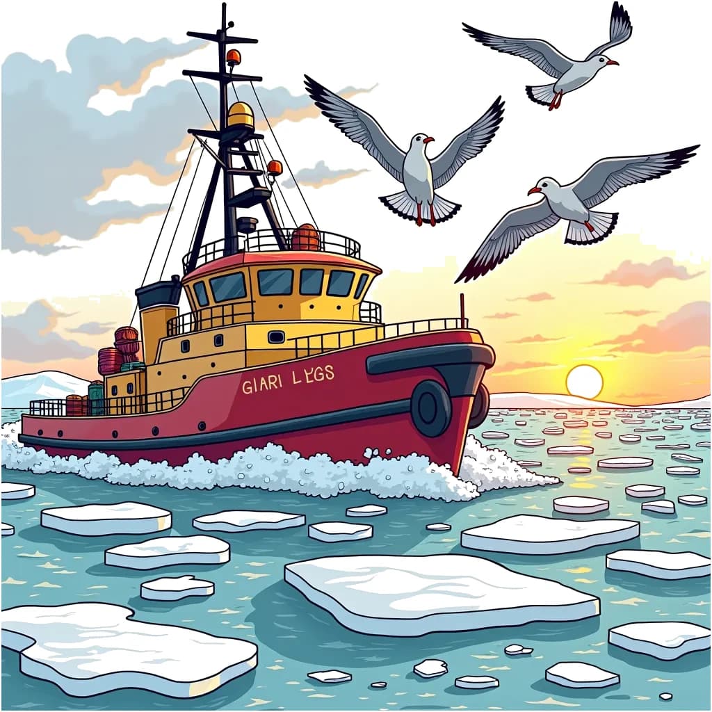 Coloring Page (colored): Icebreaker Journey - An icebreaker ship navigating through thick ice, with a group of seagulls flying overhead. The sun is setting in the background, casting a golden glow.