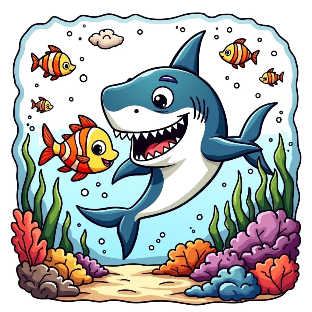 Coloring Page (colored): Shark Encounter - A brave little fish swims close to a big, friendly shark who is showing off his shiny teeth, surrounded by colorful coral reefs.