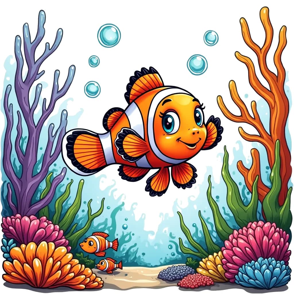 Coloring Page (colored): Clownfish in a Coral Kingdom - A cheerful clownfish swims through a vibrant coral reef, surrounded by colorful corals and schools of little fish. The clownfish is curiously observing its underwater home while bubbles float around it, creating a whimsical underwater scene.