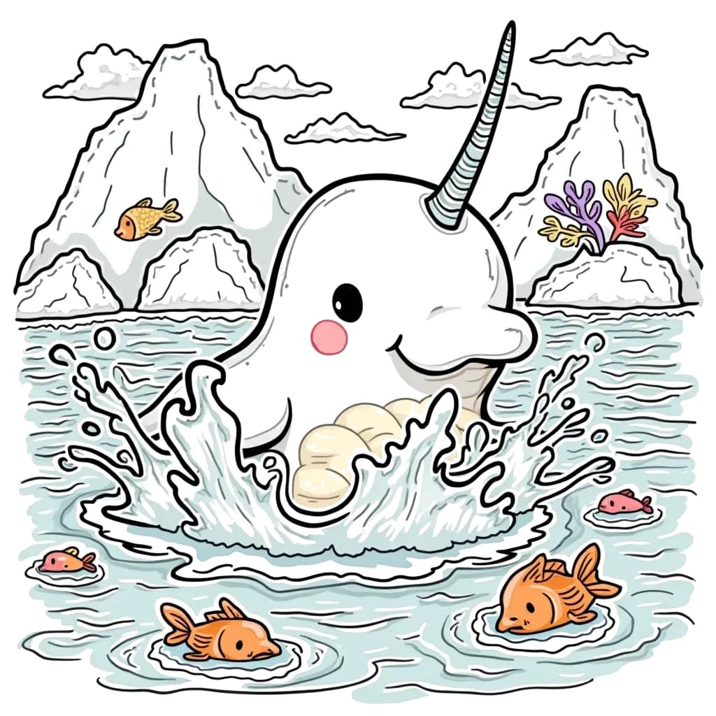 Coloring Page (colored): Narwhal's Arctic Splash - A friendly narwhal is splashing playfully in icy waters amidst icebergs and polar wildlife, with seals and fish joining in the fun.