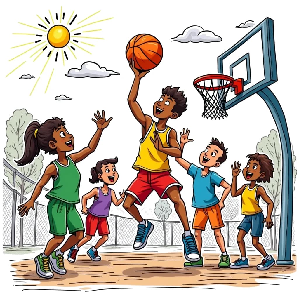 Coloring Page (colored): Basketball Player's Big Game - A confident basketball player shooting a hoop in a colorful playground with cheering friends around. The sun is shining, and there's a fun competition vibe in the air.