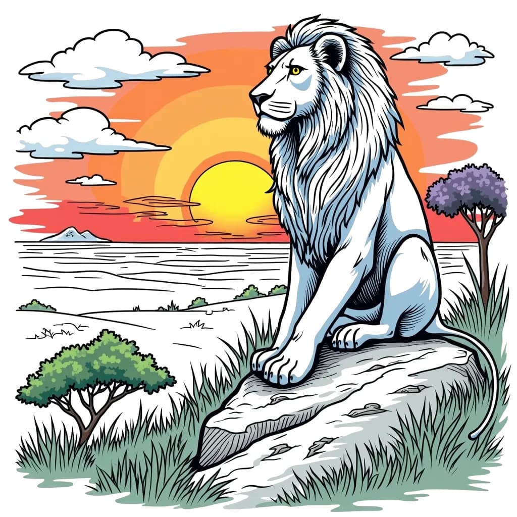 Coloring Page (colored): Lion's Roar - A majestic lion sitting on a rock, surveying the savanna as the sun sets behind him. A few scattered trees and grass are in the foreground, capturing the essence of the wild.