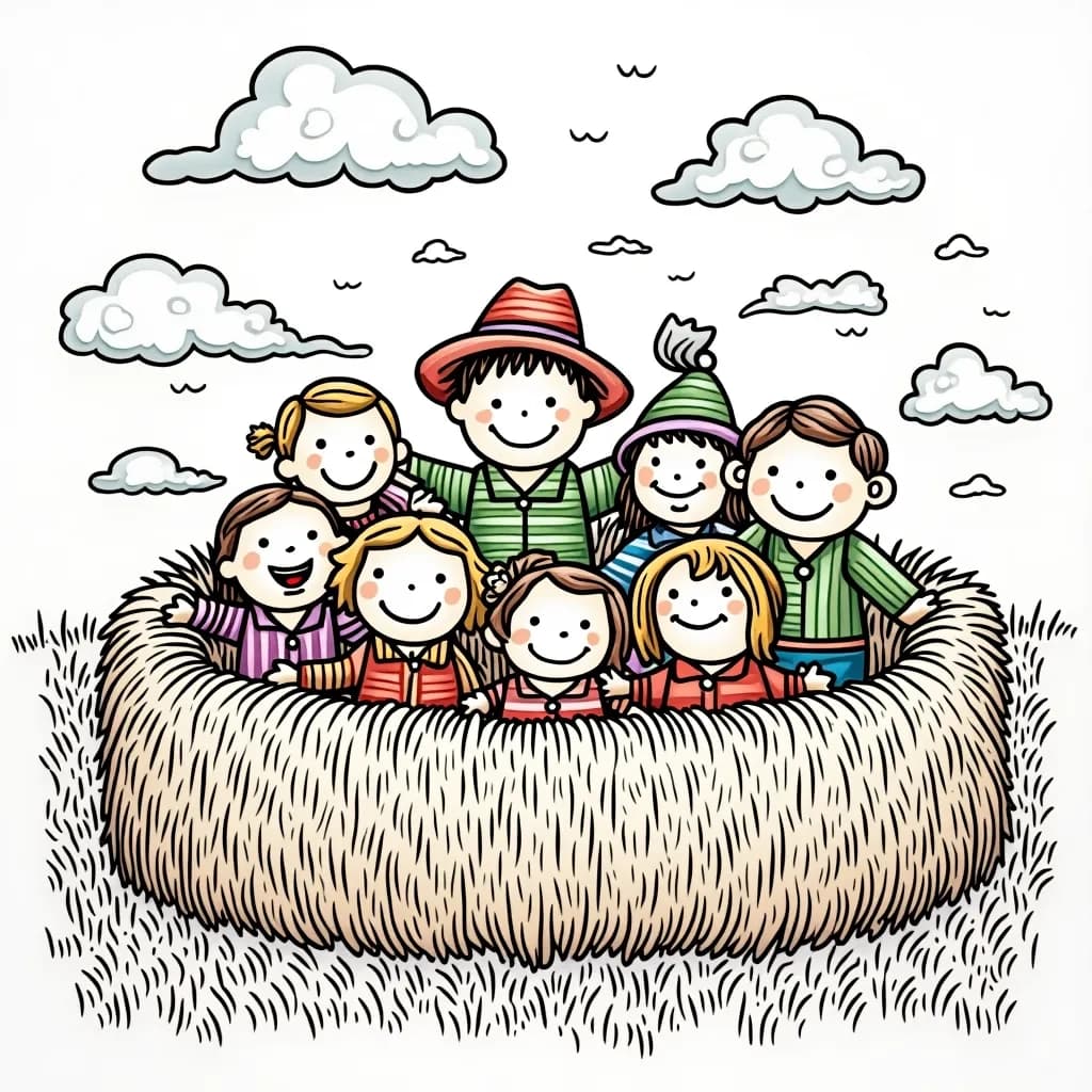 Coloring Page (colored): Harvest Hayride - A hayride full of happy children, laughing and playing, as they roll through a landscape of golden fields and colorful autumn trees.