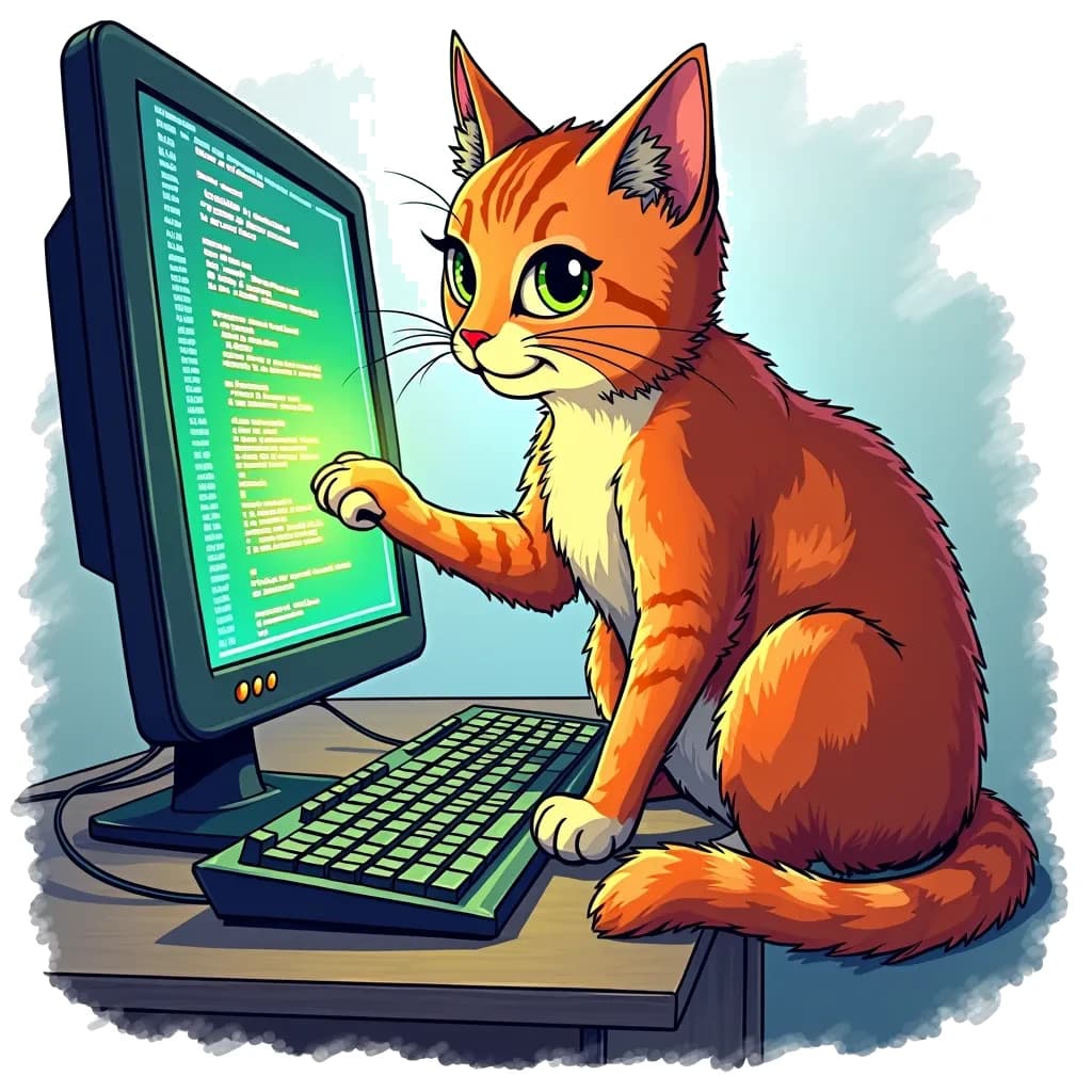 Coloring Page (colored): The Coding Cat - A curious cat sits on a desk, surrounded by a glowing computer screen filled with lines of code. The cat's paw is playfully touching the keyboard as if typing its own program.