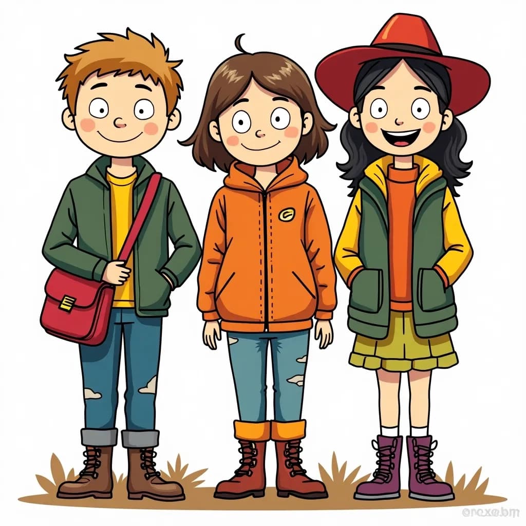 Coloring Page (colored): Funky Fall Fashion - A group of cheerful kids in quirky fall outfits, surrounded by colorful leaves, striking poses as if on a runway.