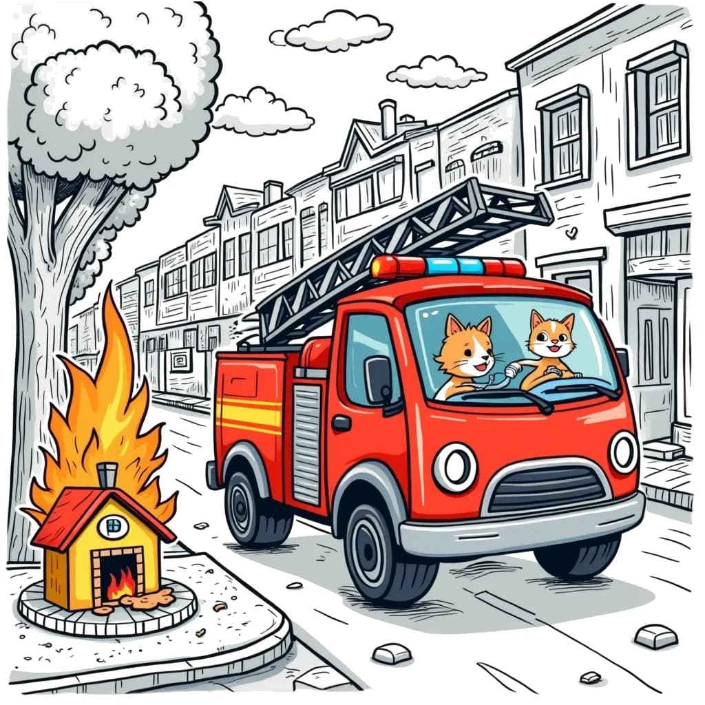 Coloring Page (colored): The Fire Truck's Big Rescue - A cheerful fire truck zooms down a colorful street, with sirens blaring and a trail of excited children following. The fire truck is spraying water on a mini fire in a pretend house made of cardboard, while a cat peeks out from a tree looking amused.