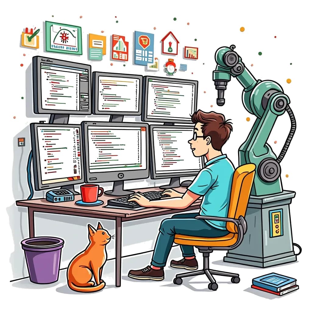 Coloring Page (colored): The Software Engineer's Coding Cave - A software engineer is surrounded by multiple screens displaying lines of code, with a large mug of coffee beside them. A robotic arm is assisting them in writing code, while a cat sits curiously on the desk watching the screens.