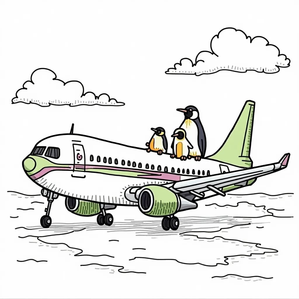 Coloring Page (colored): Polar Adventure - An airplane modified to look like a giant penguin, cruising over an icy Arctic landscape, surrounded by floating icebergs in shades of white and icy blue.