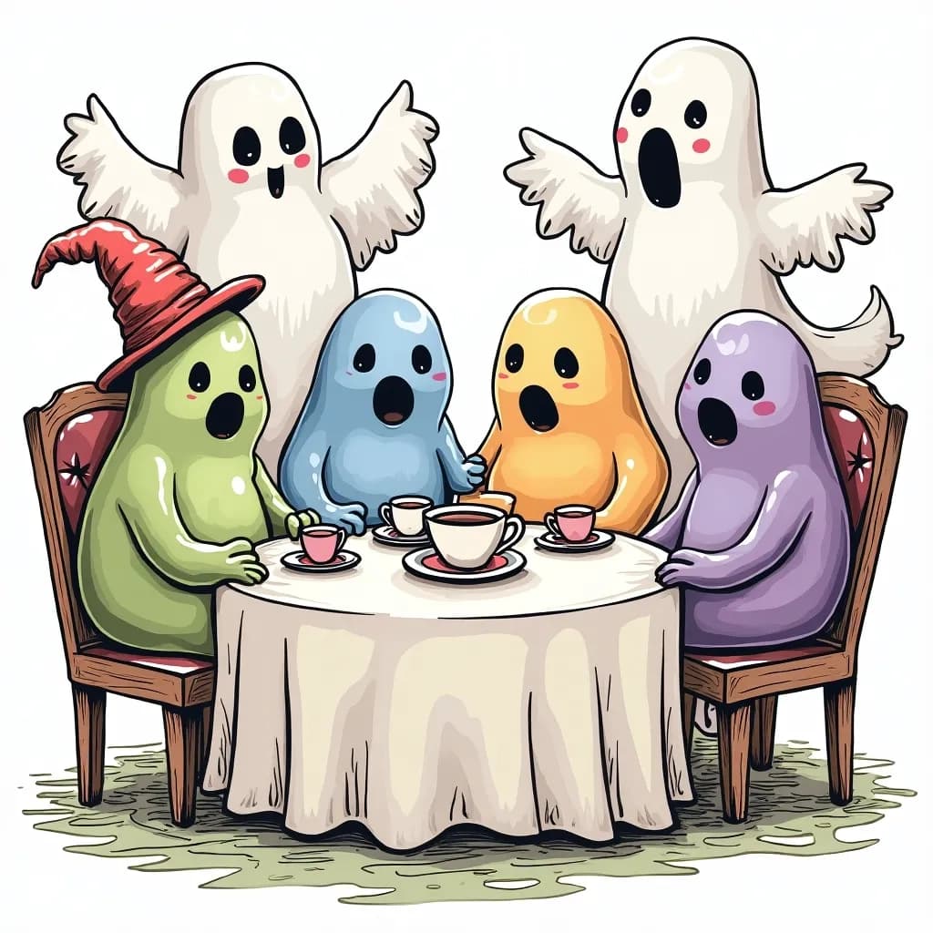 Coloring Page (colored): Ghostly Tea Party - A group of friendly ghosts having a tea party in a spooky forest. The ghosts are colorful, with pastel shades of blue, pink, and green, seated around a table adorned with cobwebs and candy. The background features dark trees with bat silhouettes.