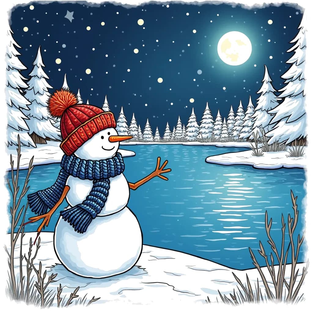 Coloring Page (colored): Snowman Watching the Stars - A snowman with a cozy knitted scarf made of blue and white yarn stands by the edge of a frozen lake, staring up at the night sky. The lake is reflecting the starry sky, creating a magical scene with deep navy blues and silvery stars. The winter trees are outlined in white, and gentle snowflakes are falling, adding a touch of sparkle as they catch the moonlight. The glow of the moon casts a tranquil light over the landscape, creating a serene and peaceful atmosphere.