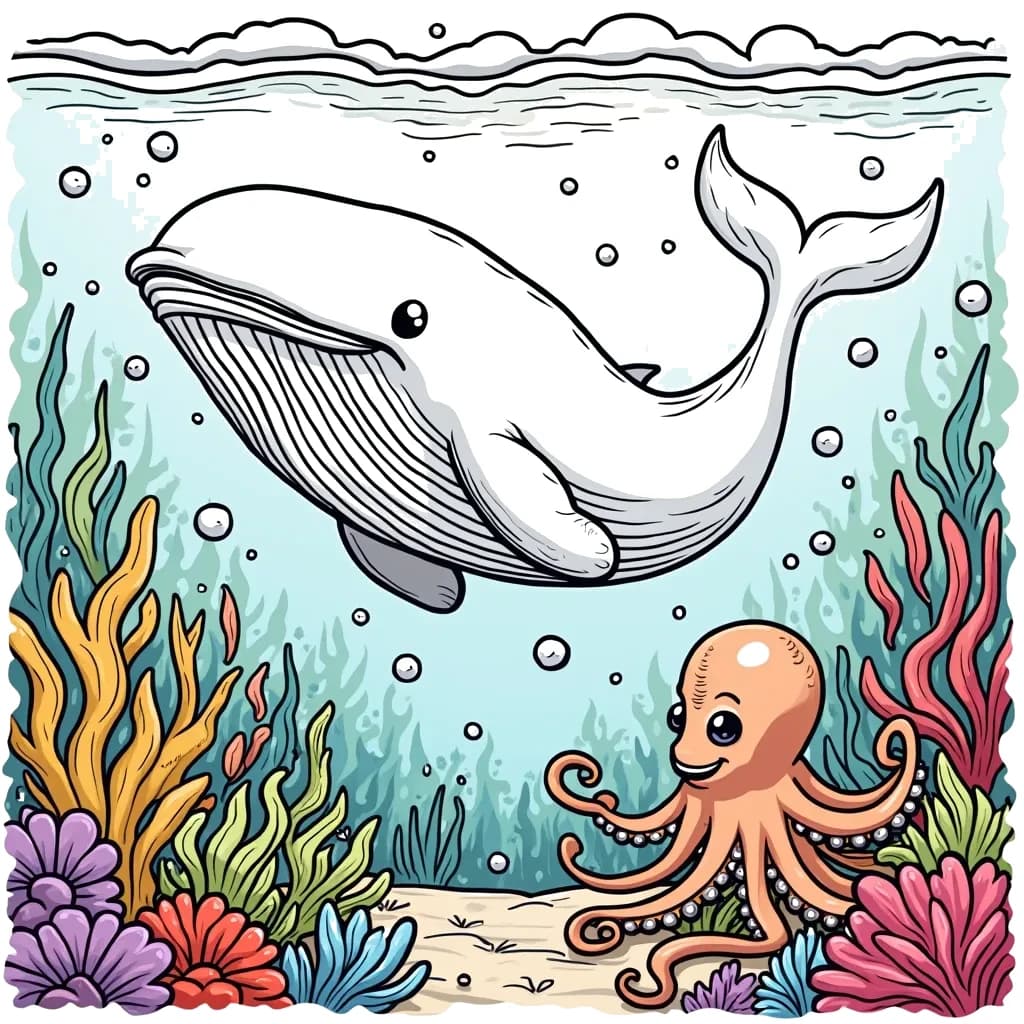 Coloring Page (colored): Whale Water Adventure - A gigantic whale is happily swimming in a colorful underwater world filled with coral reefs, playful fish, and a friendly octopus waving at the whale. Bubbles are floating around, and the sunlight is filtering through the water creating a magical scene.