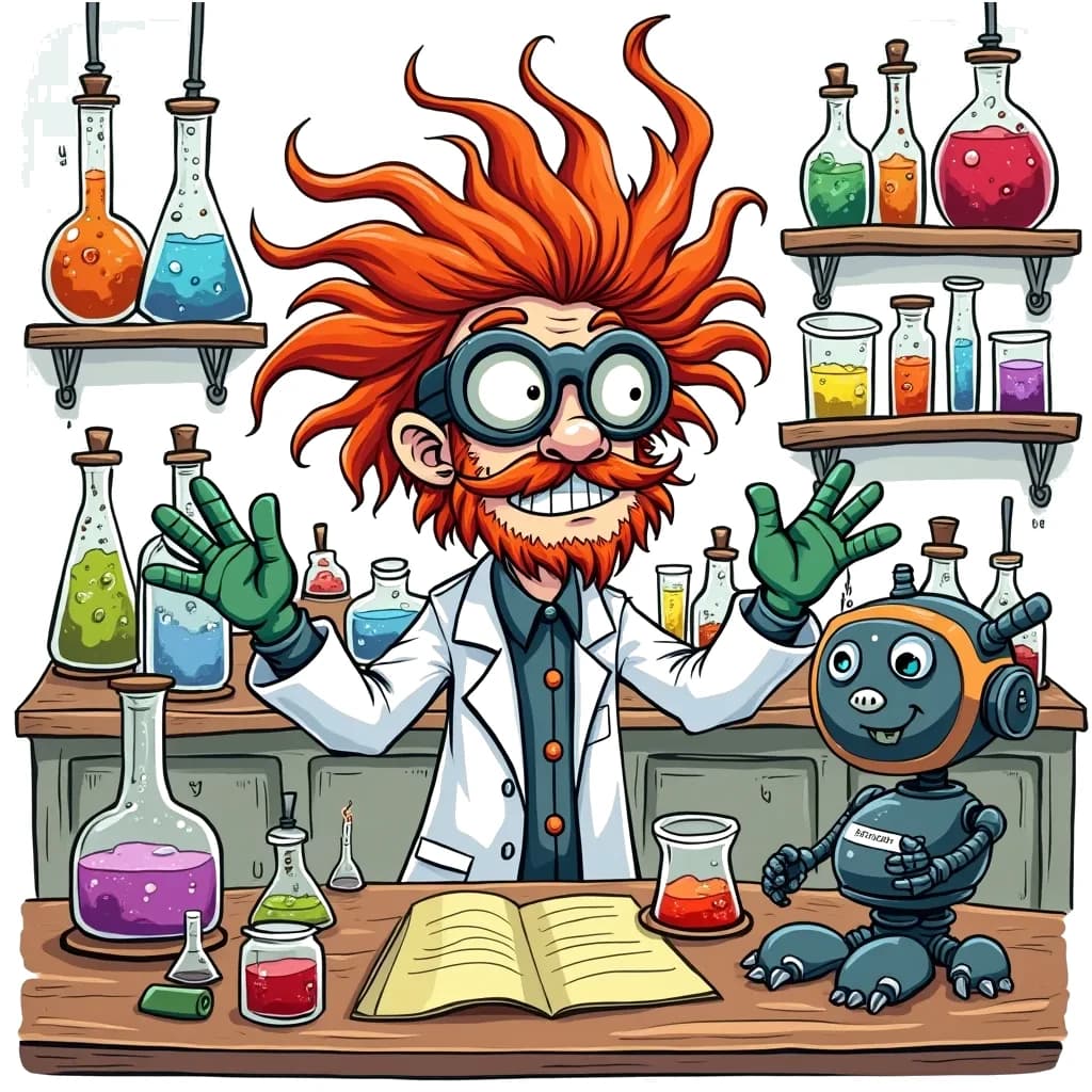 Coloring Page (colored): Scientist in a Lab - An enthusiastic scientist, with wild hair and goggles, works in a colorful laboratory filled with bubbling potions, beakers, and strange inventions. A friendly robot assistant helps organize the chaotic workspace.