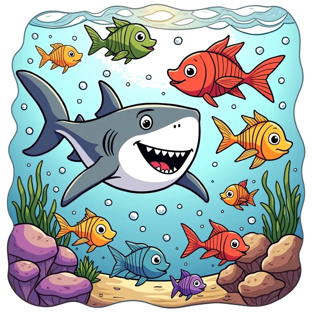 Coloring Page (colored): Shark and Friends - A friendly shark is surrounded by a school of vibrant fish that are playfully swimming in formation, showcasing their colorful scales in the sunlight filtering through the water.