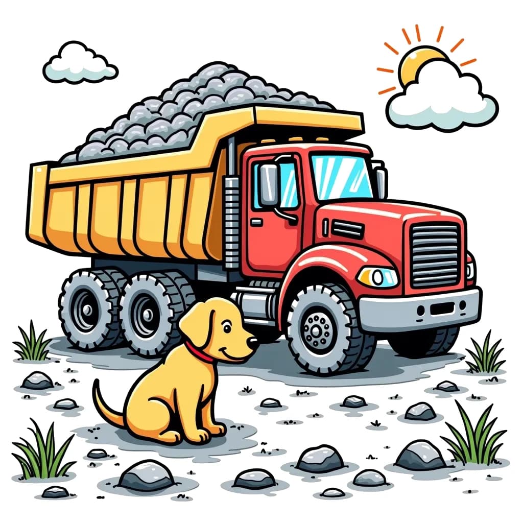 Coloring Page (colored): Dump Truck Delivery - A dump truck is parked with its back raised, ready to unload a load of gravel. A playful puppy is sitting nearby, wagging its tail and watching eagerly.