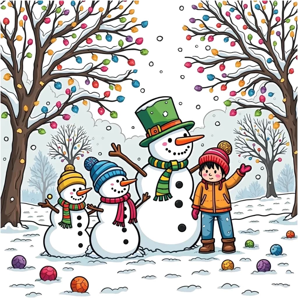 Coloring Page (colored): Snowman Family Day - In a beautiful park blanketed in pristine white snow, a large snowman has two smaller snowmen beside it, each adorned with charming accessories: one has a bright green hat and a pink scarf, while the other has a blue beanie and a striped scarf. The trees surrounding the scene are decorated with garlands of colorful lights, twinkling against the deepening dusk. The ground is dotted with colorful snowballs that kids are playfully throwing, creating a joyful and lively atmosphere.