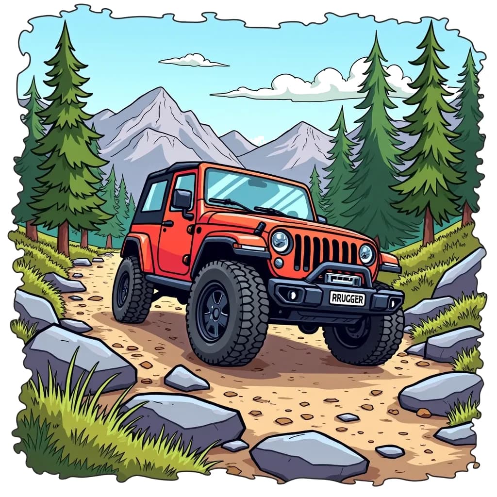 Coloring Page (colored): Jeep Adventure - A rugged jeep driving through a rocky mountain trail, surrounded by tall pine trees and a clear blue sky.