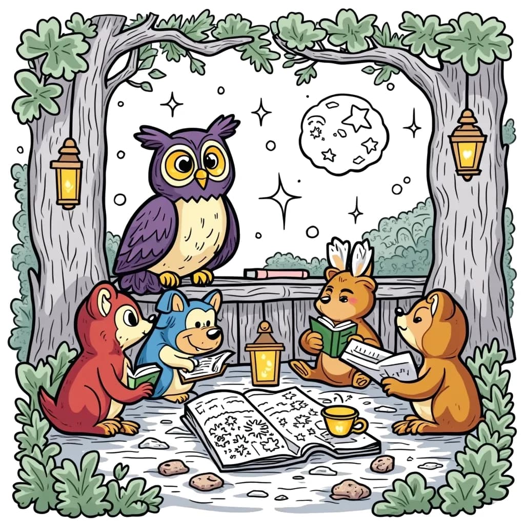 Coloring Page (colored): Owl's Night School - An wise owl teaching a group of eager young animals about the stars and the moon in a cozy treehouse classroom with glowing lanterns, books, and charts around.