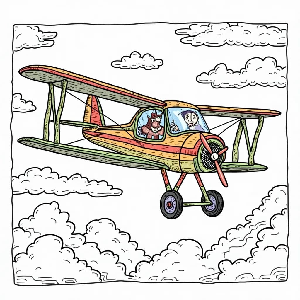 Coloring Page (colored): The Explorer - An adventurous single-engine plane flying above a bustling tropical island dotted with palm trees, crystal-clear waters, and colorful beach umbrellas.