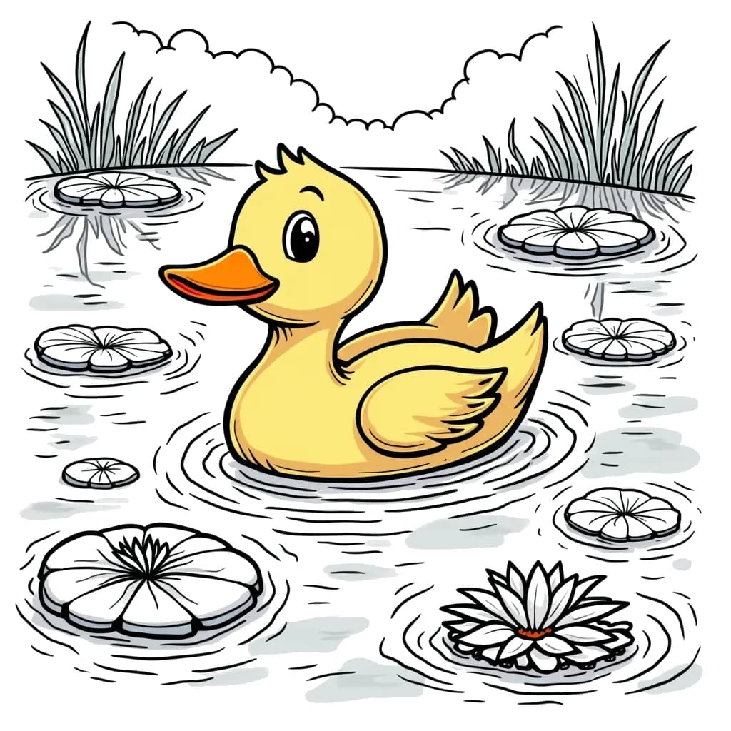 Coloring Page (colored): Duck on a Pond - A duck paddles across a serene pond, with lily pads floating around and a few fish peeking out from below the water.