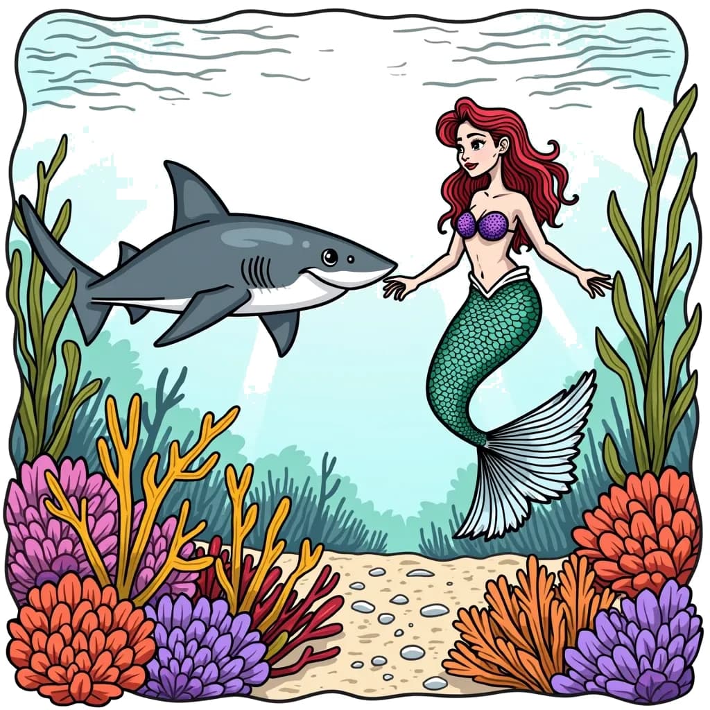 Coloring Page (colored): Shark and Mermaid Encounter - A curious shark swims alongside a friendly mermaid in vibrant coral reefs, as they explore the underwater world together.