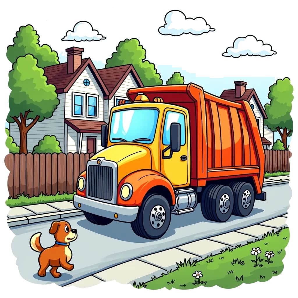 Coloring Page (colored): City Cleanup Day - Depict a cheerful garbage truck making its rounds in a lively neighborhood, as a curious little dog watches from its yard, wagging its tail at the colorful truck.