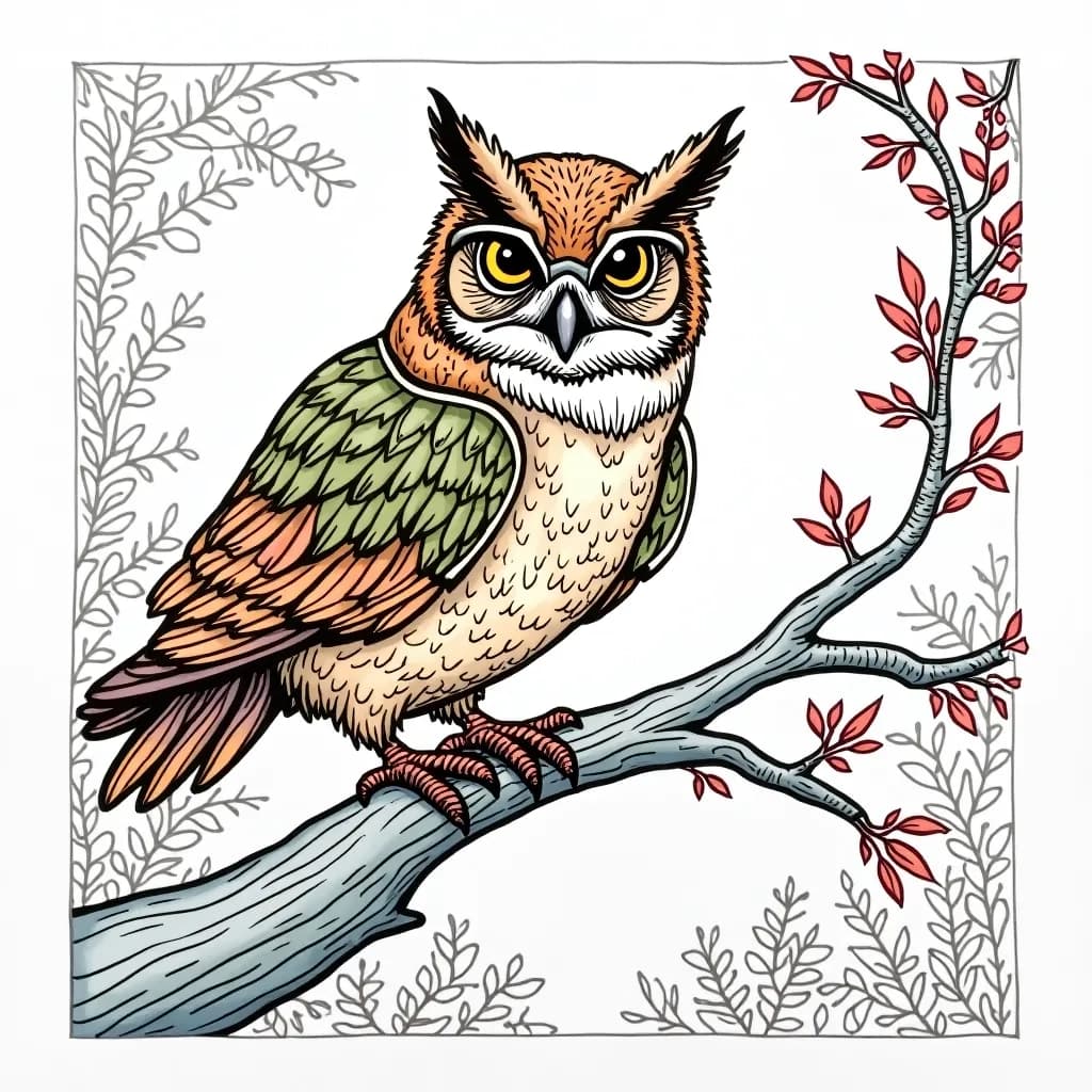 Coloring Page (colored): Nature's Wingman - A wise elderly owl with aviator goggles perched in the cockpit of a vintage airplane, flying over a tranquil lake surrounded by lush forests.