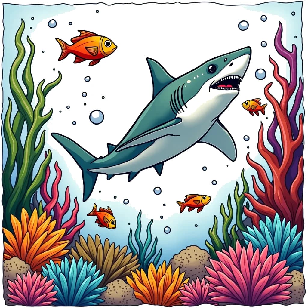 Coloring Page (colored): Shark Encounter - A sleek shark gliding through a coral reef, with colorful fish swimming around it, creating a vibrant underwater scene.