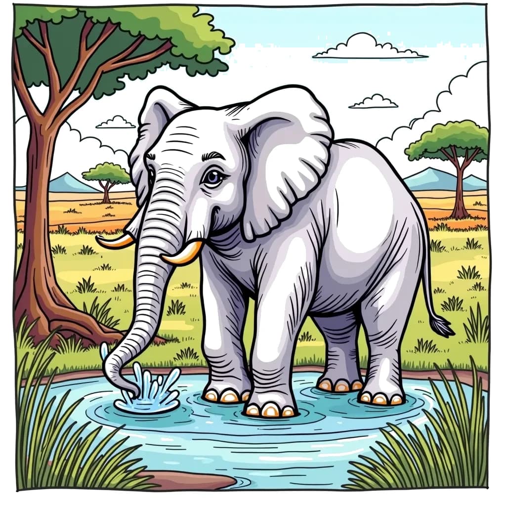 Coloring Page (colored): Elephant Splash - An elephant joyfully splashing water with its trunk in a serene watering hole, surrounded by lush grass and distant acacia trees under a bright blue sky.