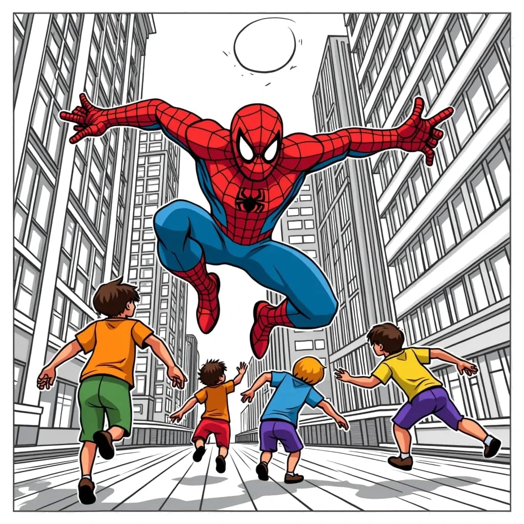 Coloring Page (colored): Spider in Action - A heroic spider swings between skyscrapers, using webbing to carry several children safely across the street. The buildings are towering above, and the sun is shining bright.