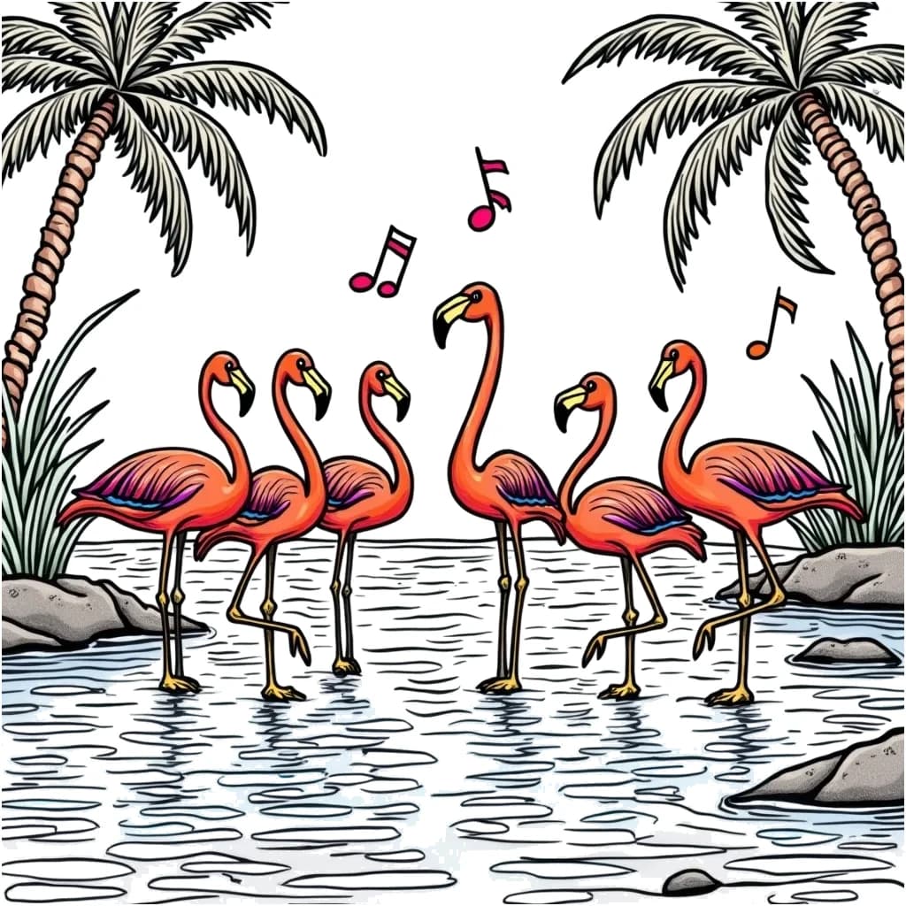 Coloring Page (colored): Flamingo Dance Party - A group of jubilant flamingos dancing in the shallows of a tropical lagoon, with palm trees swaying in the breeze and musical notes floating in the air.