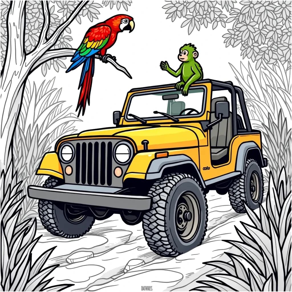 Coloring Page (colored): Jeep Adventure - A vibrant scene where a jeep is driving through a jungle trail with a monkey sitting on the hood and looking curiously at a parrot perched on a branch above.